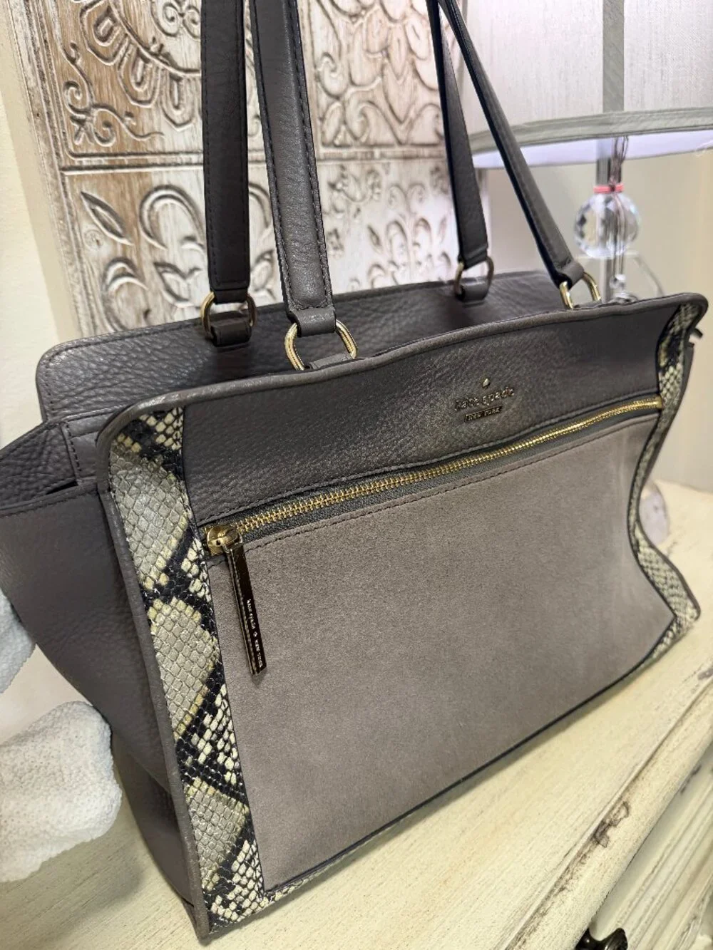 Kate Spade Gray Tote Bag with Snakeskin Print & Gold Hardware